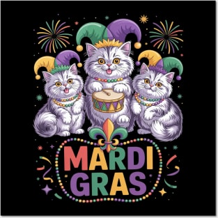 Mardi Gras Three Cute British Longhair Cats Masked Beads Posters and Art